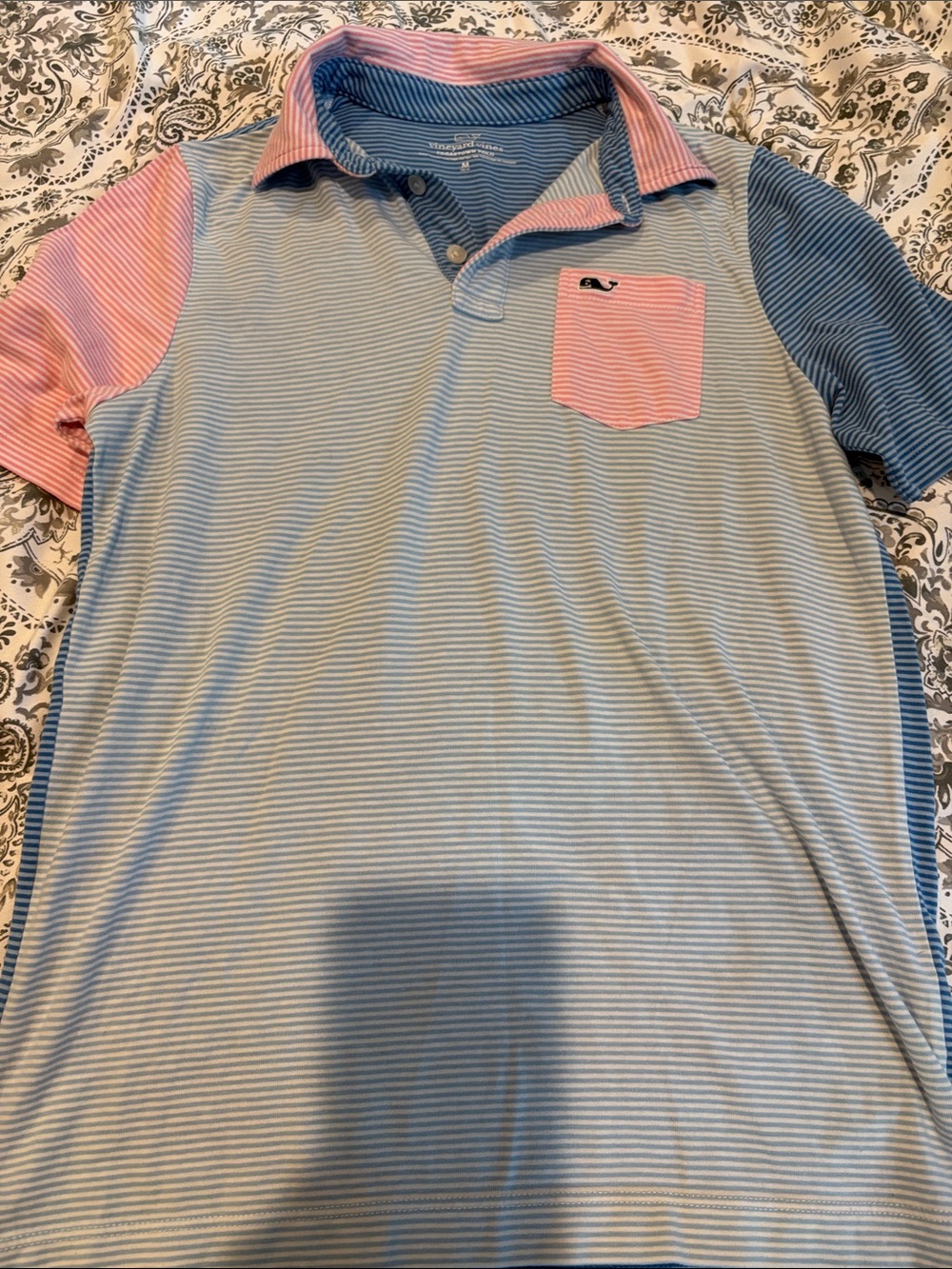 Vineyard Vines Blue and Pink Striped Polo with Chest Pocket